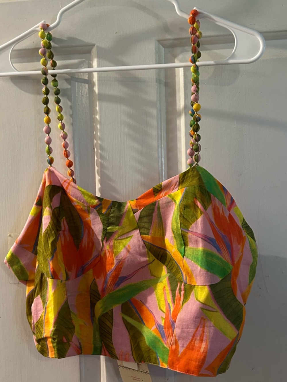 FARM Rio Pink Orange Green Tropical Beaded-Strap Crop Top